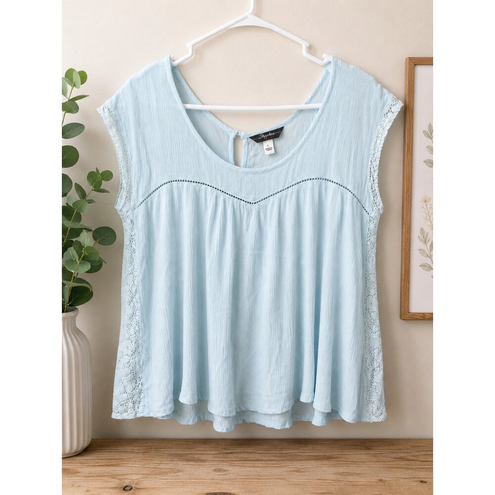 Sapphire Light Blue Lace Trim Peasant Blouse Large